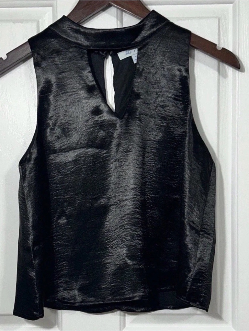 She + Sky Black Satin Keyhole Halter Tank Top Blouse S